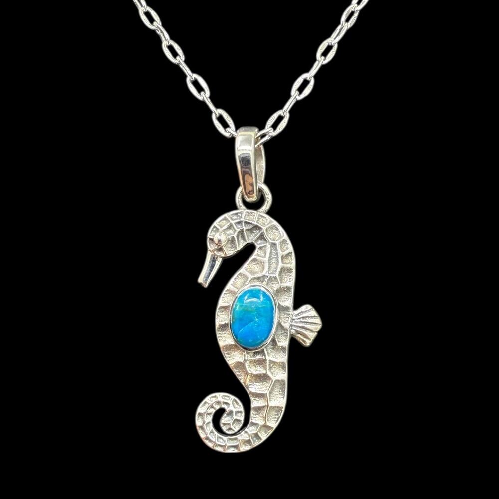 Natural Blue Chilean Opal Seahorse Pendant Necklace 925 Sterling Silver Handmade - Picture 6 of 7